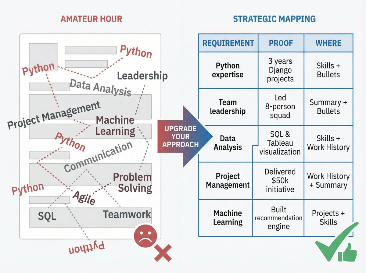 Split-panel comparison showing amateur keyword sprinkling vs professional requirement-to-proof mapping system