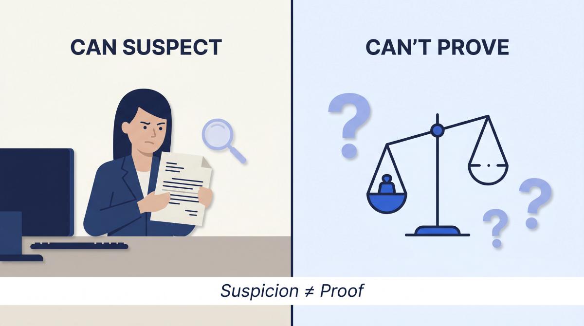 Split editorial illustration: recruiter suspecting AI on left, question marks and scales on right, showing can't prove it