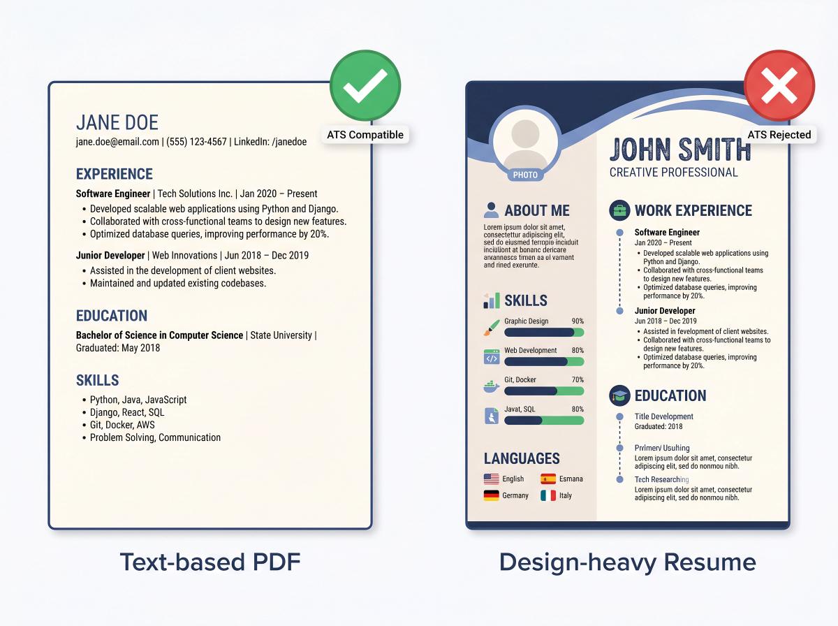Side-by-side comparison of a clean ATS-friendly text resume versus a design-heavy resume rejected by ATS systems