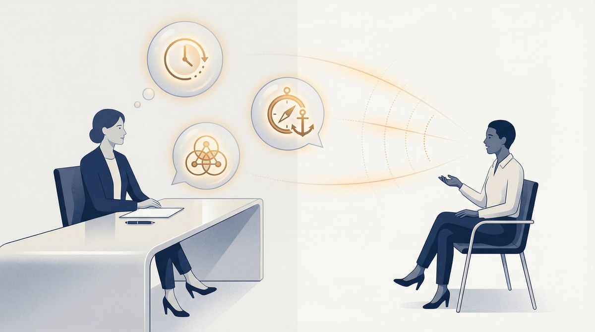 Illustration of a hiring manager evaluating three hidden dimensions while a candidate answers an interview question