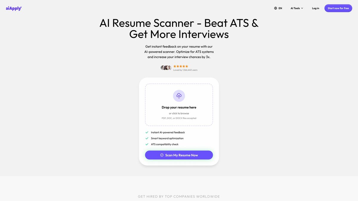 AIApply Resume Scanner tool showing ATS compatibility analysis and keyword matching interface