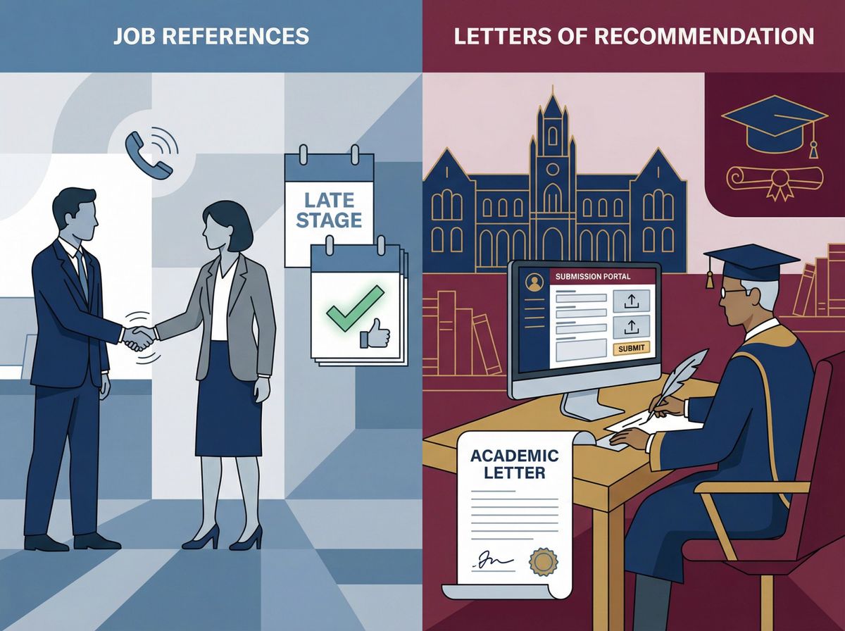 Split comparison showing job references (professional handshake, late-stage hiring) vs academic letters of recommendation (formal portal submission)