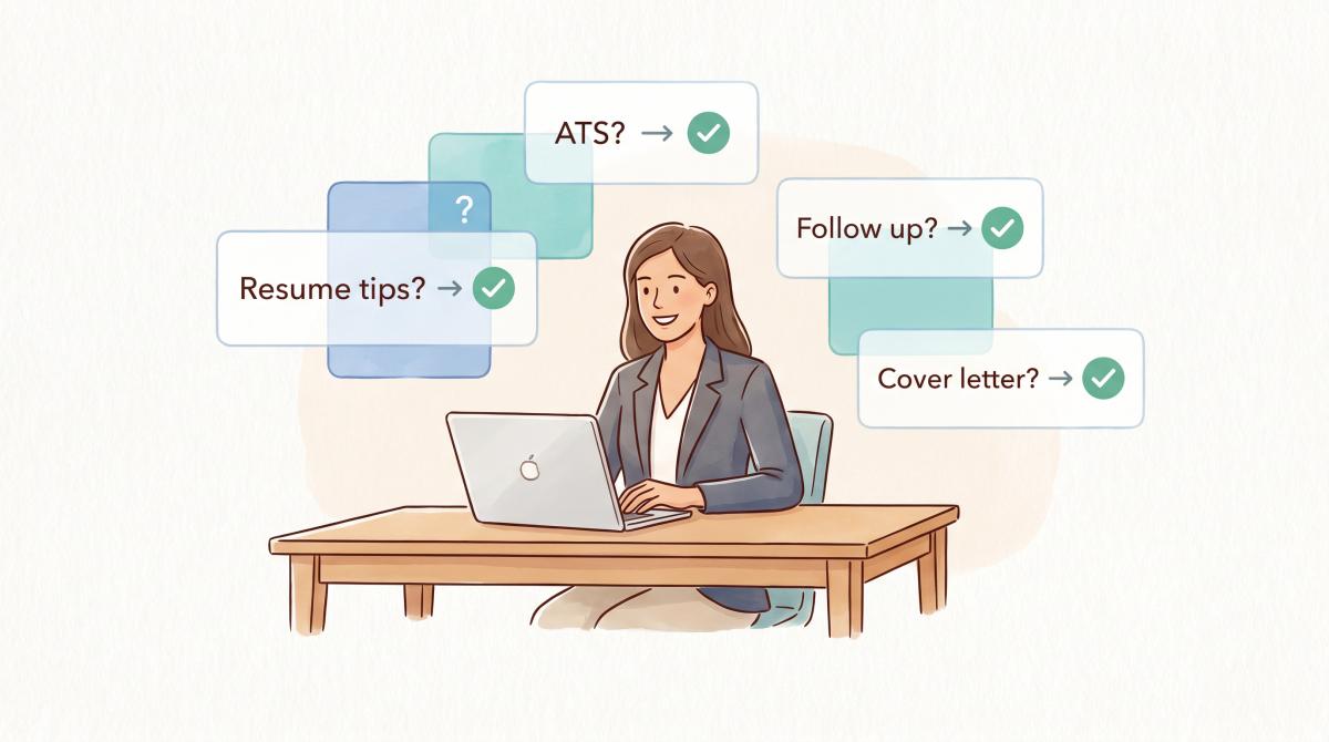 Job seeker at laptop with floating FAQ question cards and checkmarks representing answered job search questions