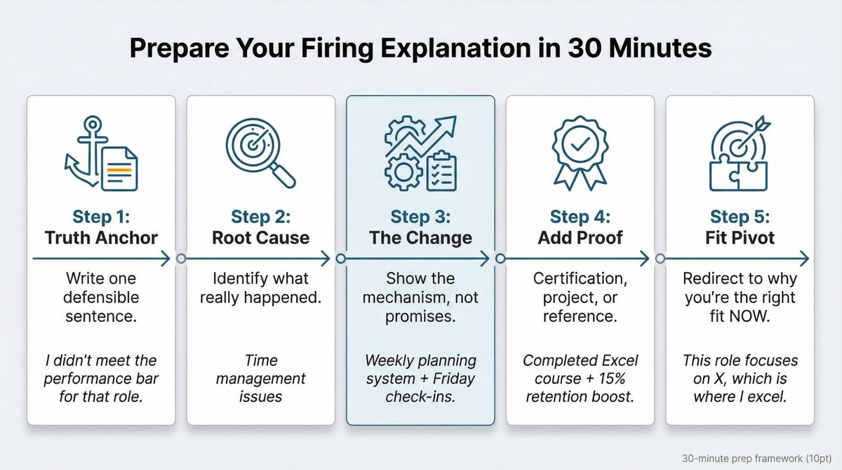 Five-step visual framework for preparing a professional firing explanation in 30 minutes