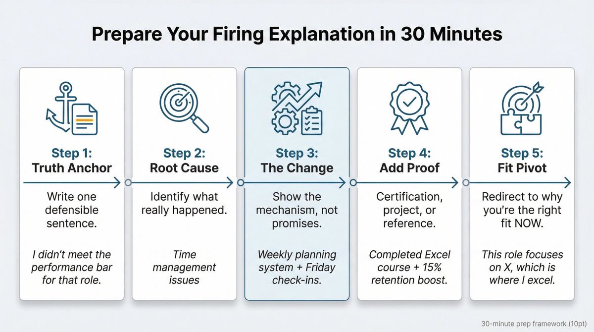 Five-step visual framework for preparing a professional firing explanation in 30 minutes