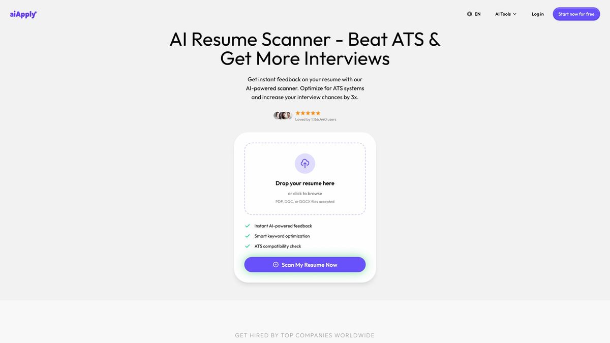 AIApply Resume Scanner interface analyzing resume for ATS compatibility with keyword gap analysis and formatting checks