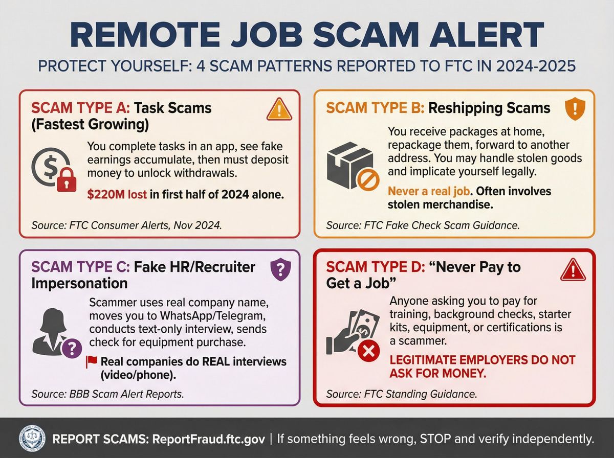 Four remote job scam types: task scams, reshipping, fake recruiters, and pay-to-work schemes in 2026