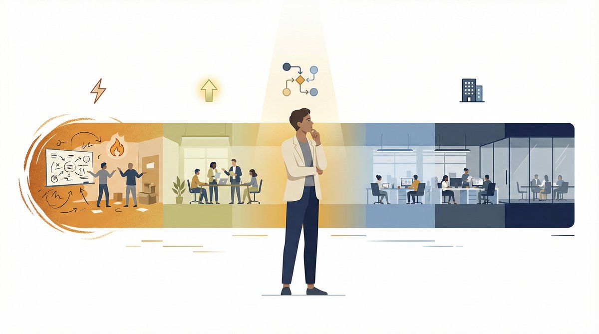 Editorial illustration of a job seeker choosing their startup stage on a spectrum from seed-stage chaos to late-stage stability