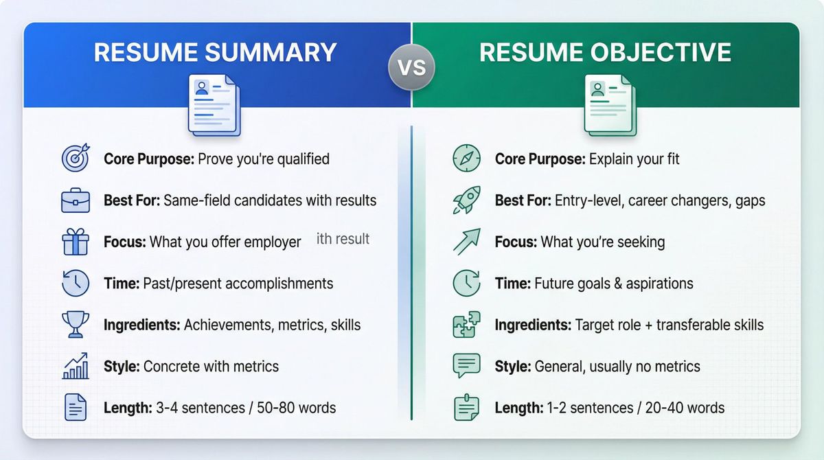 Side-by-side visual comparison of resume summary versus resume objective showing core differences in purpose, audience, focus, and format