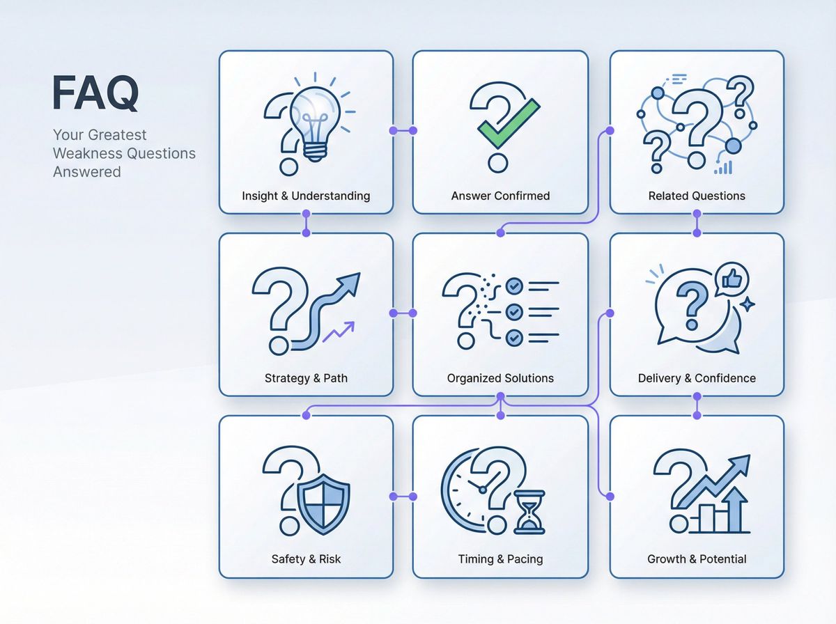Organized grid showing common interview weakness questions with visual indicators for answers and guidance