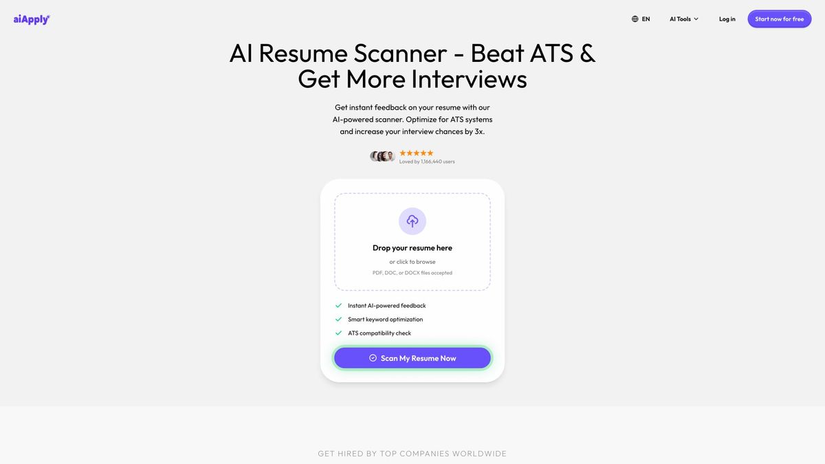 AIApply AI Resume Scanner showing ATS compatibility checker with keyword optimization and scoring features