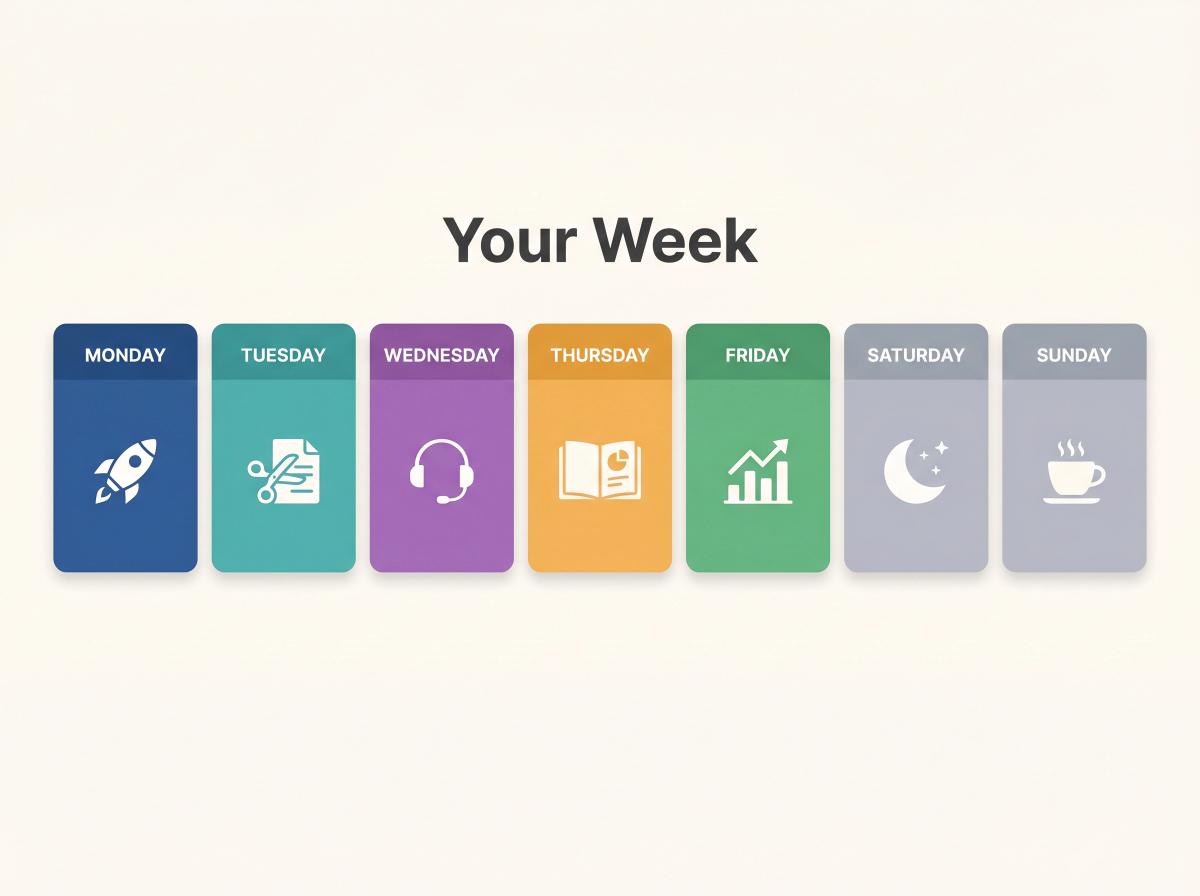 Editorial illustration of a structured weekly job search planner with color-coded daily focus areas to prevent burnout