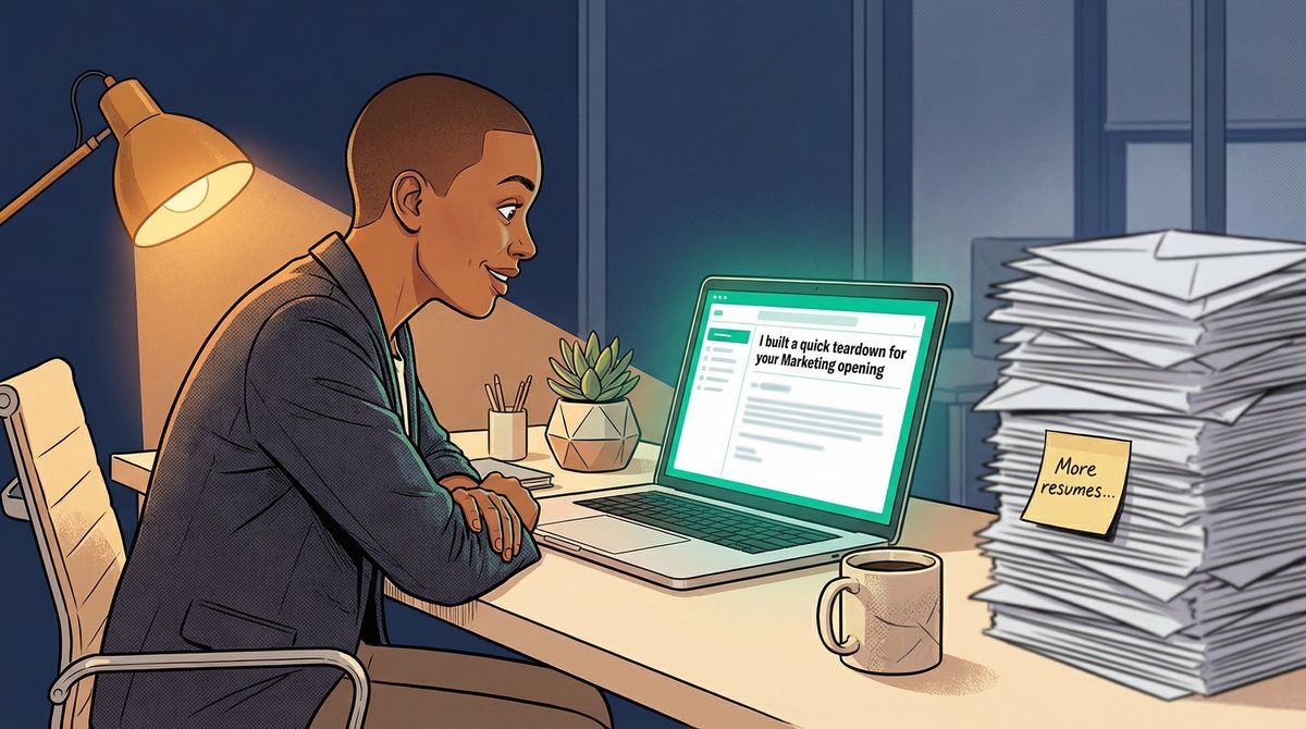 Hiring manager leans forward with genuine interest reading a standout micro-audition email while a stack of generic resumes sits ignored beside them