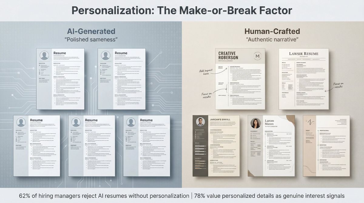 Split visual comparing AI-generated resumes as identical templates versus human-written resumes as unique narratives