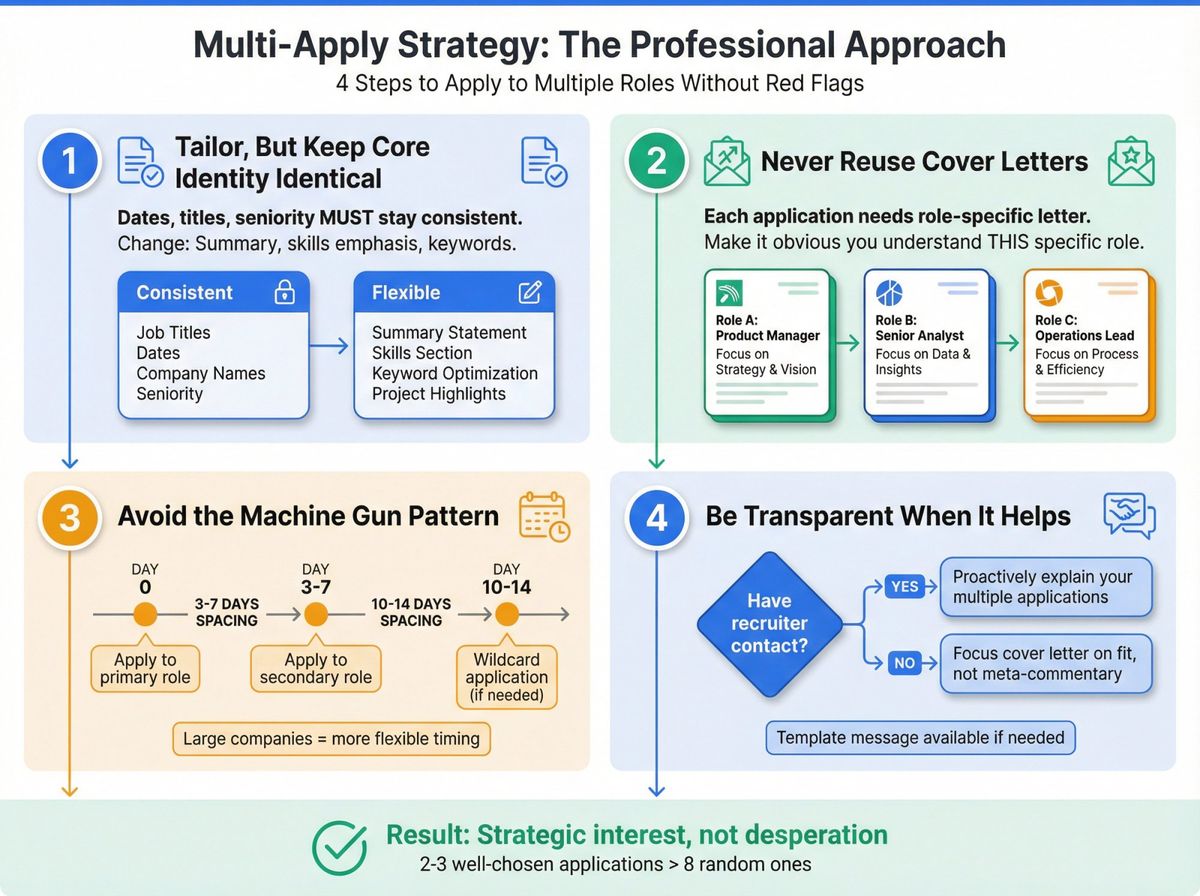 Strategic flowchart showing the 4-step process for applying to multiple jobs at one company without looking desperate