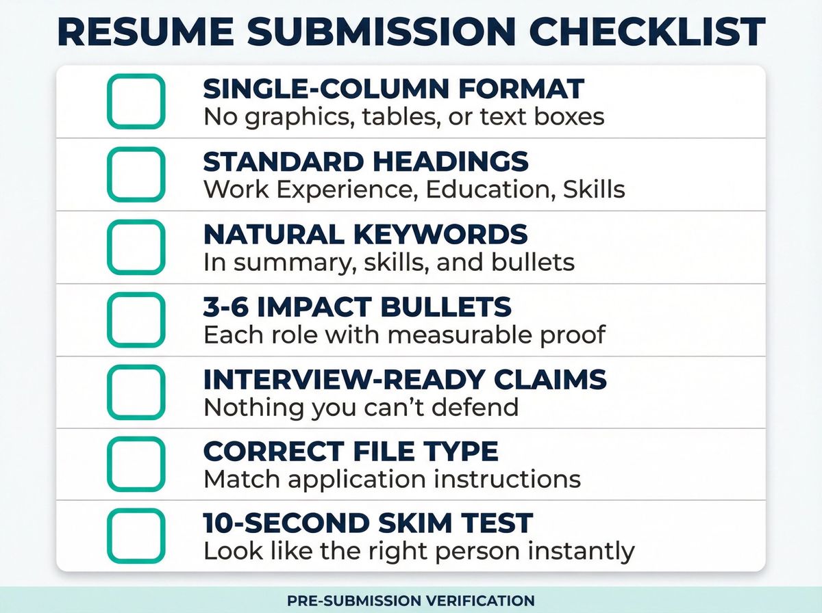 Seven-point resume submission verification checklist with checkboxes showing formatting, content, and quality checks before sending