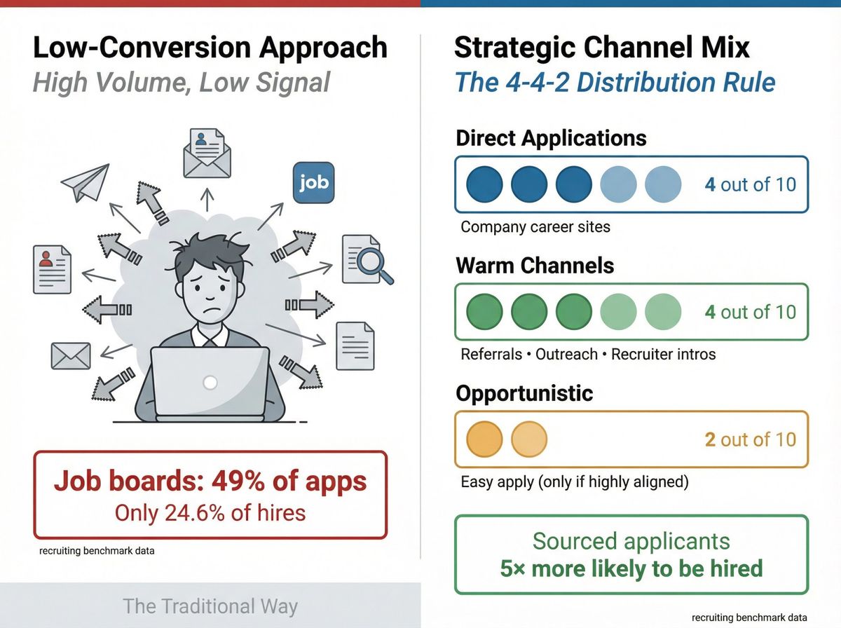 Strategic job application channel distribution showing 4-4-2 rule versus ineffective spray-and-pray approach
