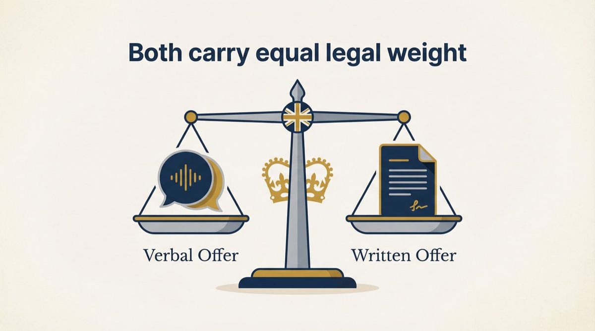 Editorial illustration of balanced scales showing verbal job offer and written contract with equal legal weight under UK employment law