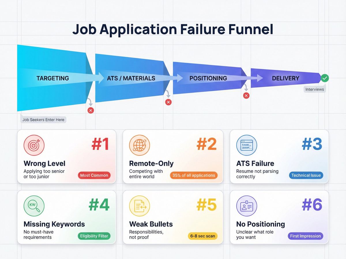 Diagnostic dashboard showing the 6 most common failure points in the job application funnel with statistics