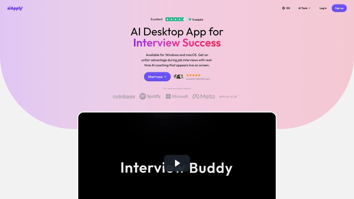 AIApply Interview Buddy product page showing AI desktop app for real-time interview coaching on Windows and macOS