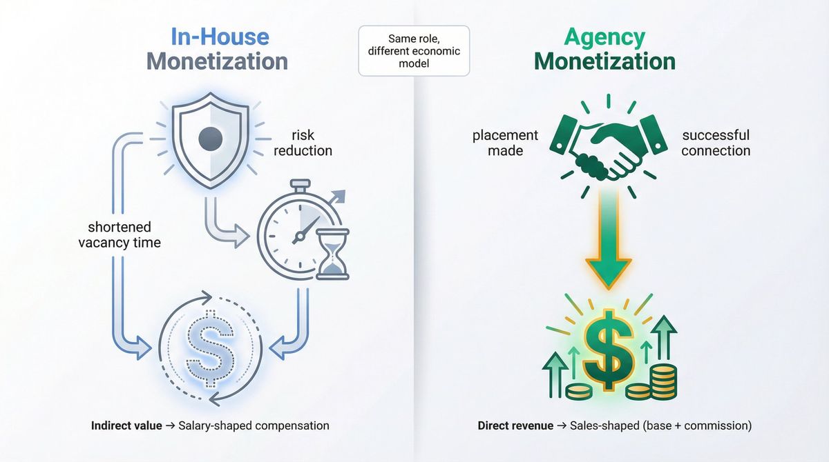 Visual framework showing two distinct recruiter monetization models: in-house indirect cost savings versus agency direct revenue generation