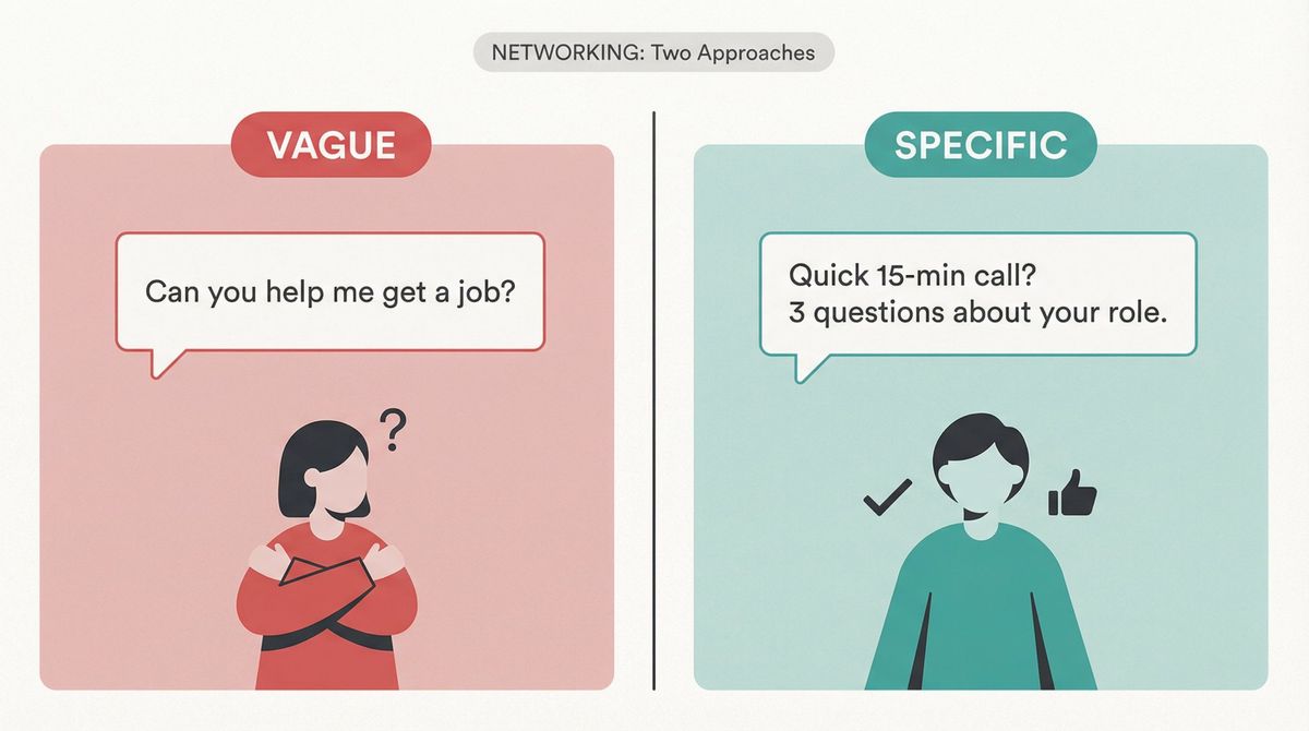 Split-panel editorial illustration comparing a vague networking message that creates awkward pressure versus a specific micro-ask that gets responses