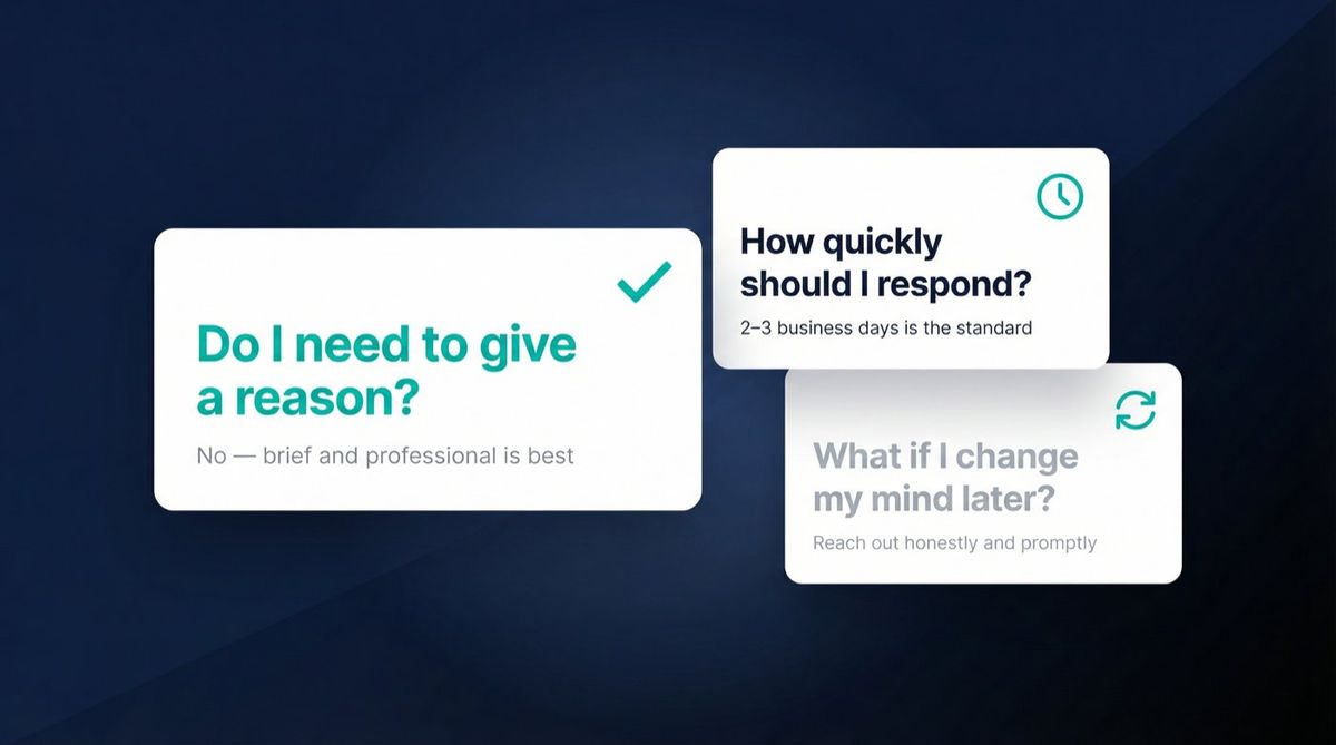 Three clean modern Q&A cards showing common job offer decline questions against a dark navy background