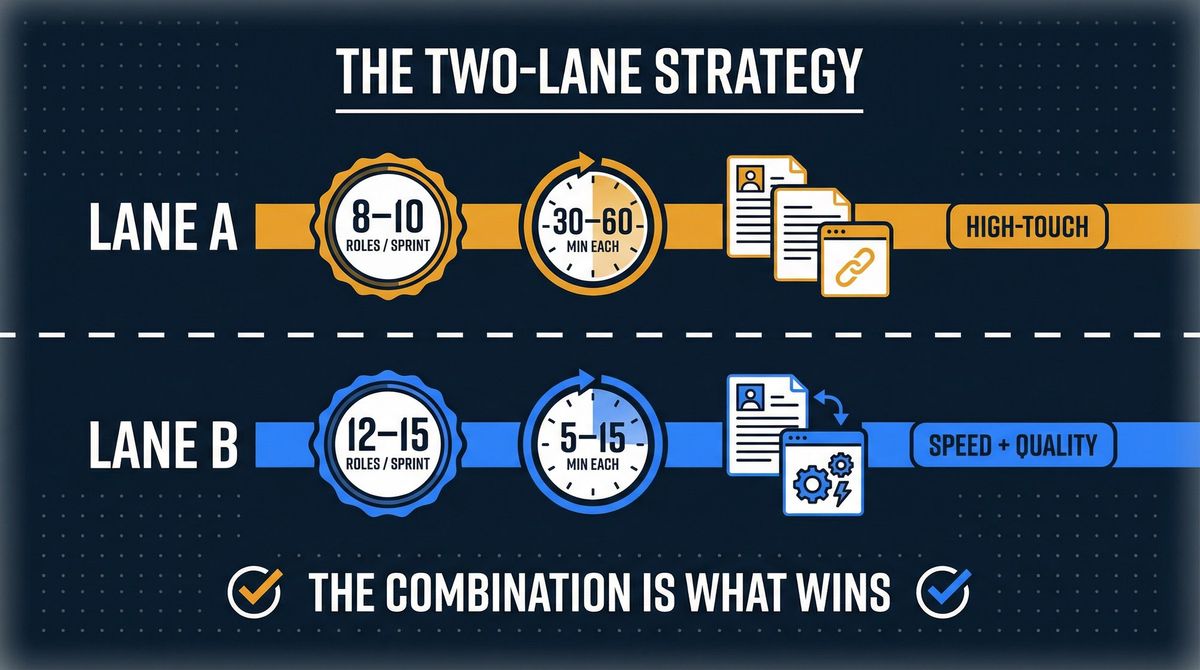 Two-lane job application strategy diagram: Lane A high-touch roles vs Lane B volume applications with time and effort breakdown