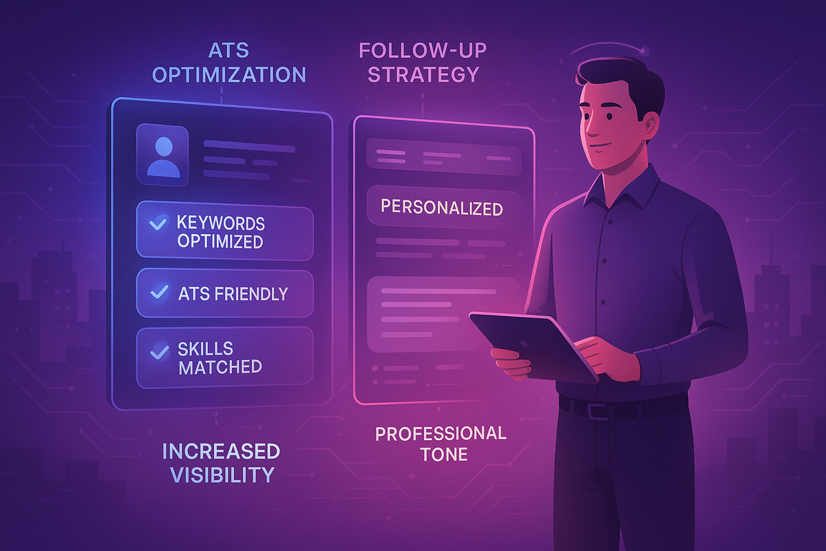 Man holding tablet with ATS optimization and follow-up strategy tips displayed.