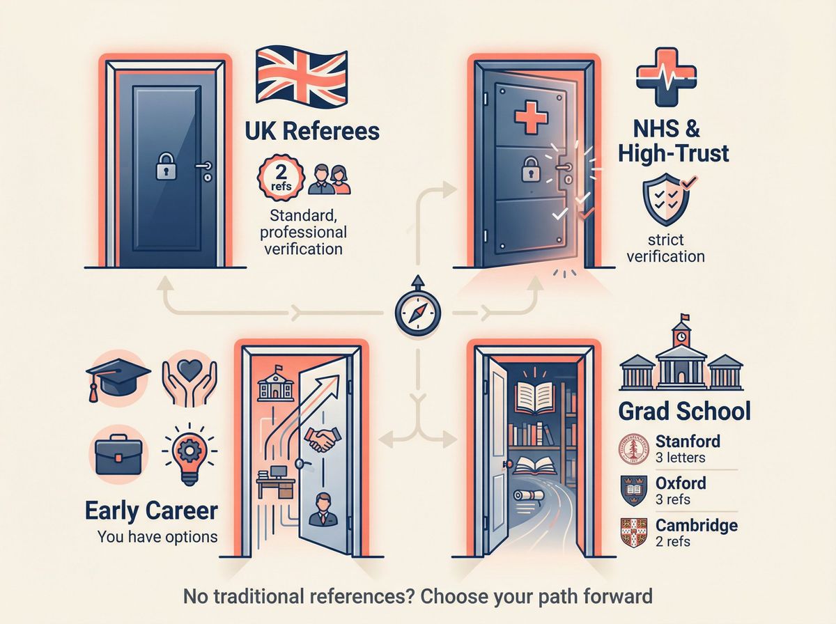 Four alternative pathways for job seekers without traditional work references: UK referee system, NHS verification, early career sources, and graduate school requirements