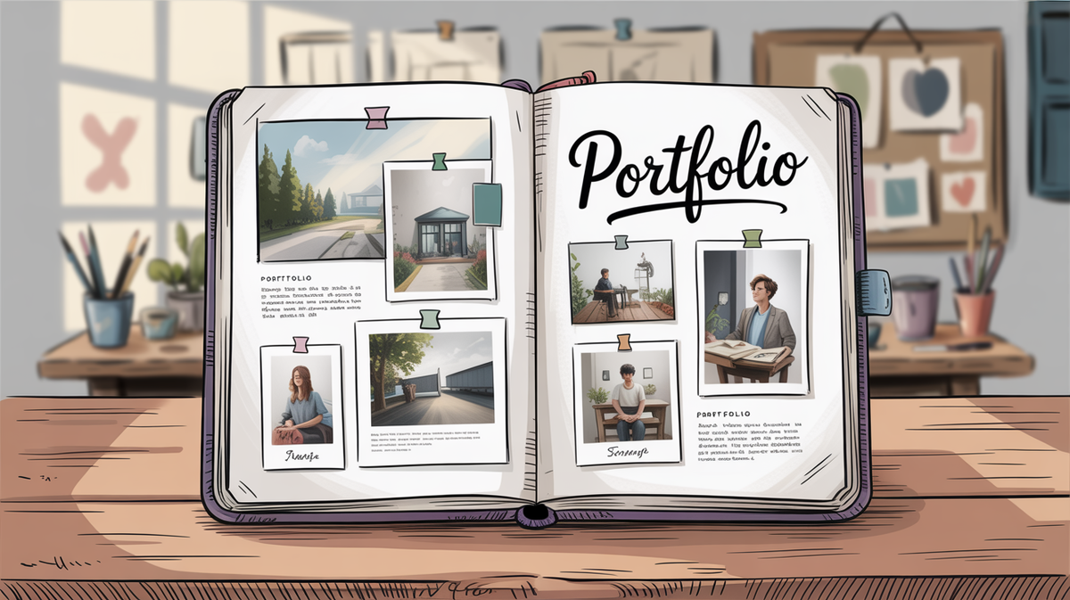 Portfolio book showcasing diverse project samples with organized layouts and visual examples