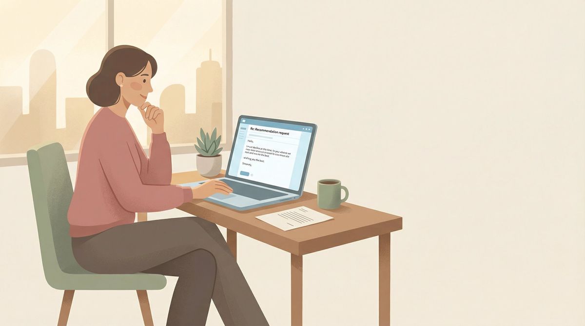 Professional illustration of a recommender thoughtfully composing a polite decline email at a tidy desk