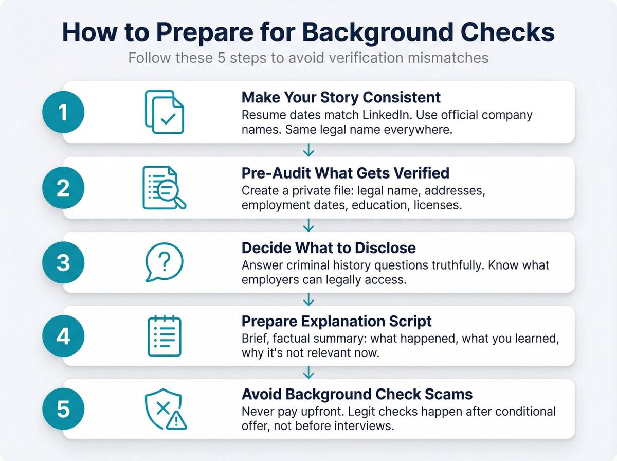 5-step vertical infographic showing how to prepare for employment background checks with icons and connecting flow arrows
