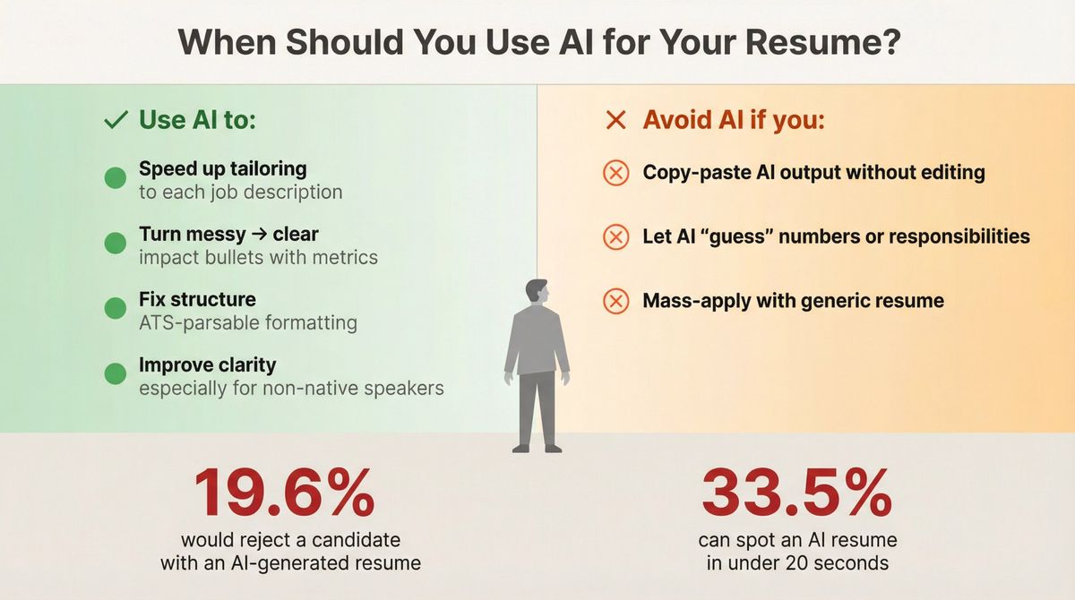 Decision matrix showing when to use AI for resumes vs when to avoid it, with recruiter detection statistics