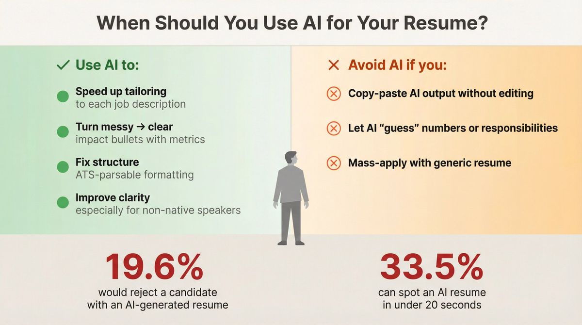 Decision matrix showing when to use AI for resumes vs when to avoid it, with recruiter detection statistics