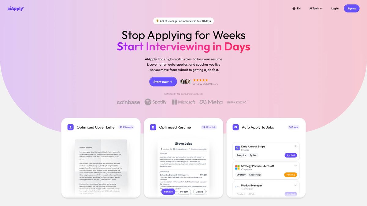 AIApply homepage showing the product hero — Stop Applying for Weeks, Start Interviewing in Days — with cover letter, resume, and auto-apply tools visible