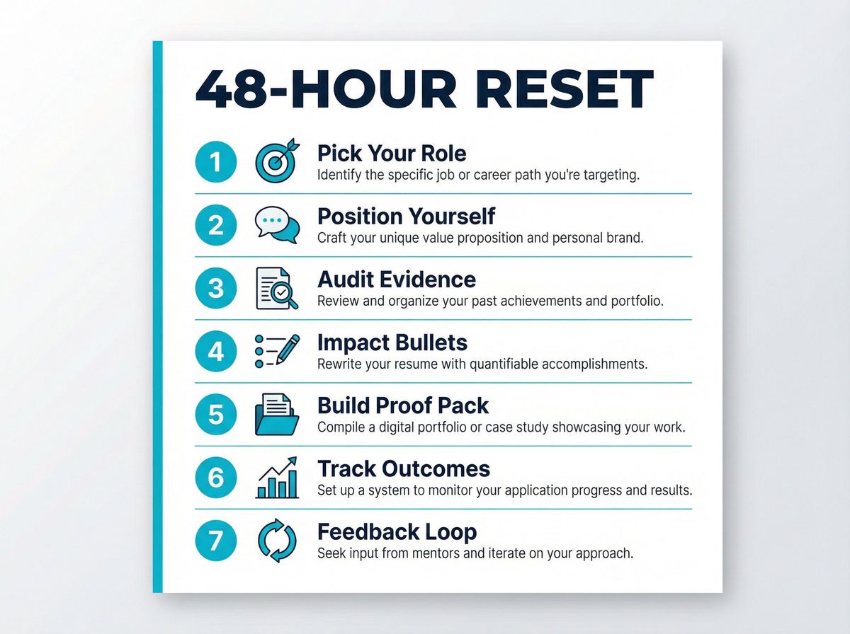 Seven-step 48-hour job search reset checklist illustrated as a structured action card with numbered icons