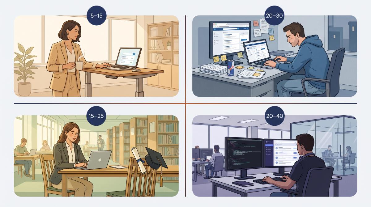 Four illustrated job seeker scenarios — employed, unemployed, graduate, and tech — with distinct weekly application targets