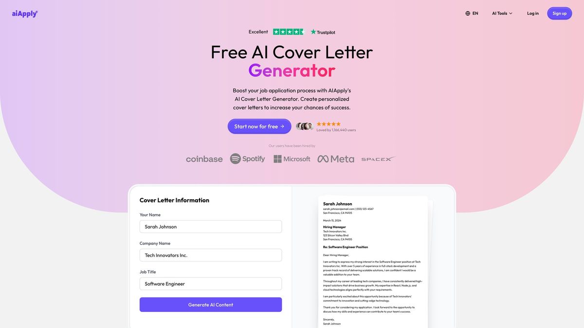 AIApply Cover Letter Generator interface for creating tailored cover letters addressing overqualification concerns automatically