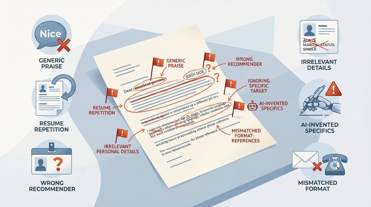 Seven common recommendation letter mistakes shown as red flags on a marked-up document
