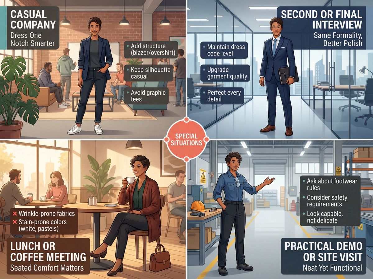 Four-panel guide showing interview outfit strategies for casual companies, final interviews, lunch meetings, and site visits