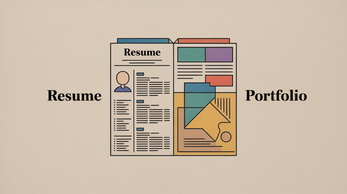 Side-by-side comparison showing a simple text resume versus a rich visual portfolio with diverse work samples