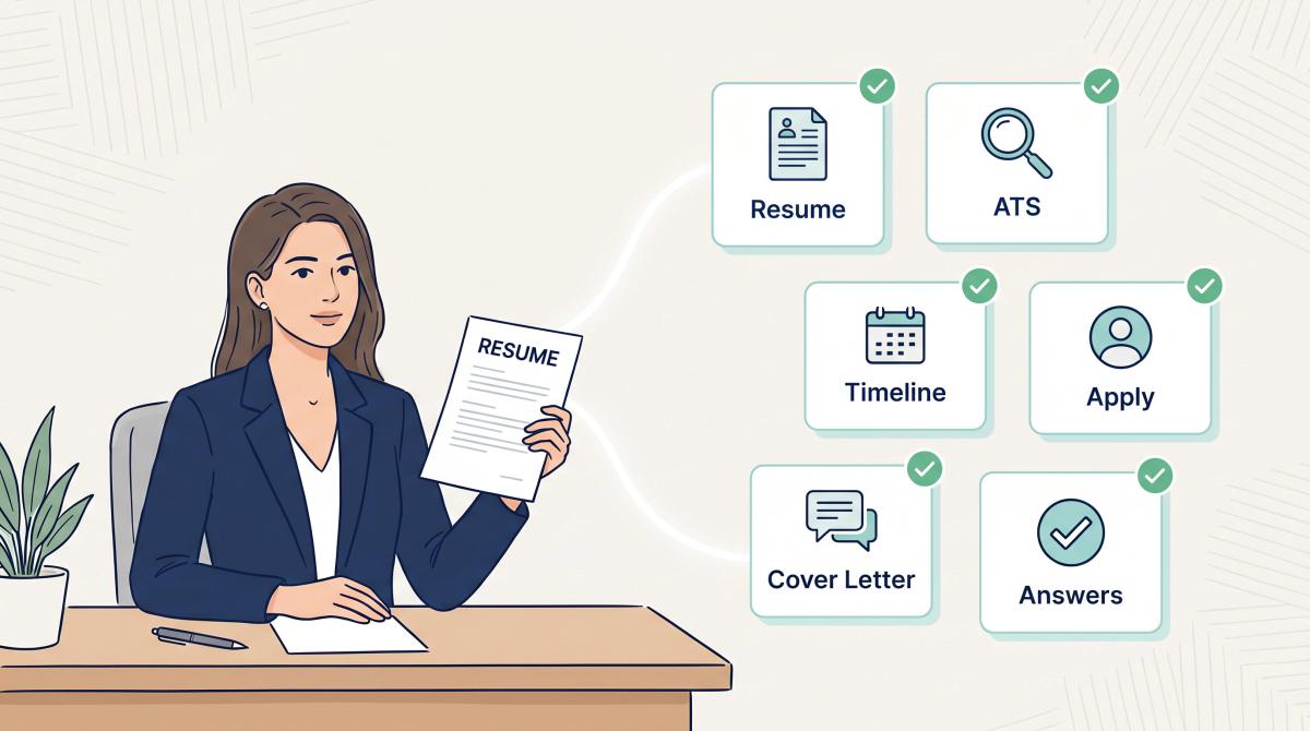Editorial illustration of a job seeker with floating FAQ answer panels covering ATS, resume, and interview questions