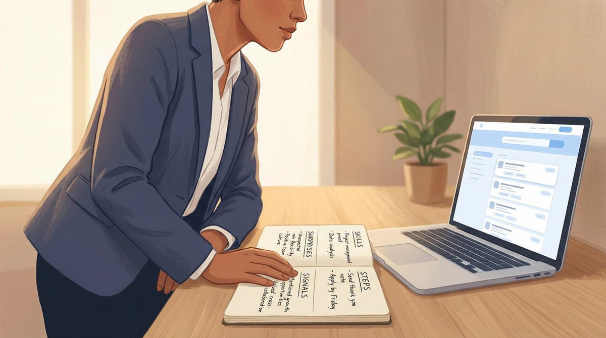 Confident job seeker at a modern desk reviewing structured interview notes beside an open laptop, ready to act on career insights