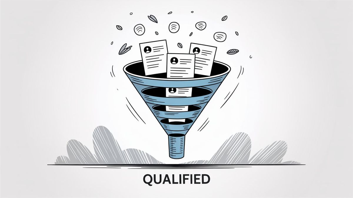 Professional illustration showing resume screening funnel process, visualizing how ATS systems filter applications to identify qualified candidates