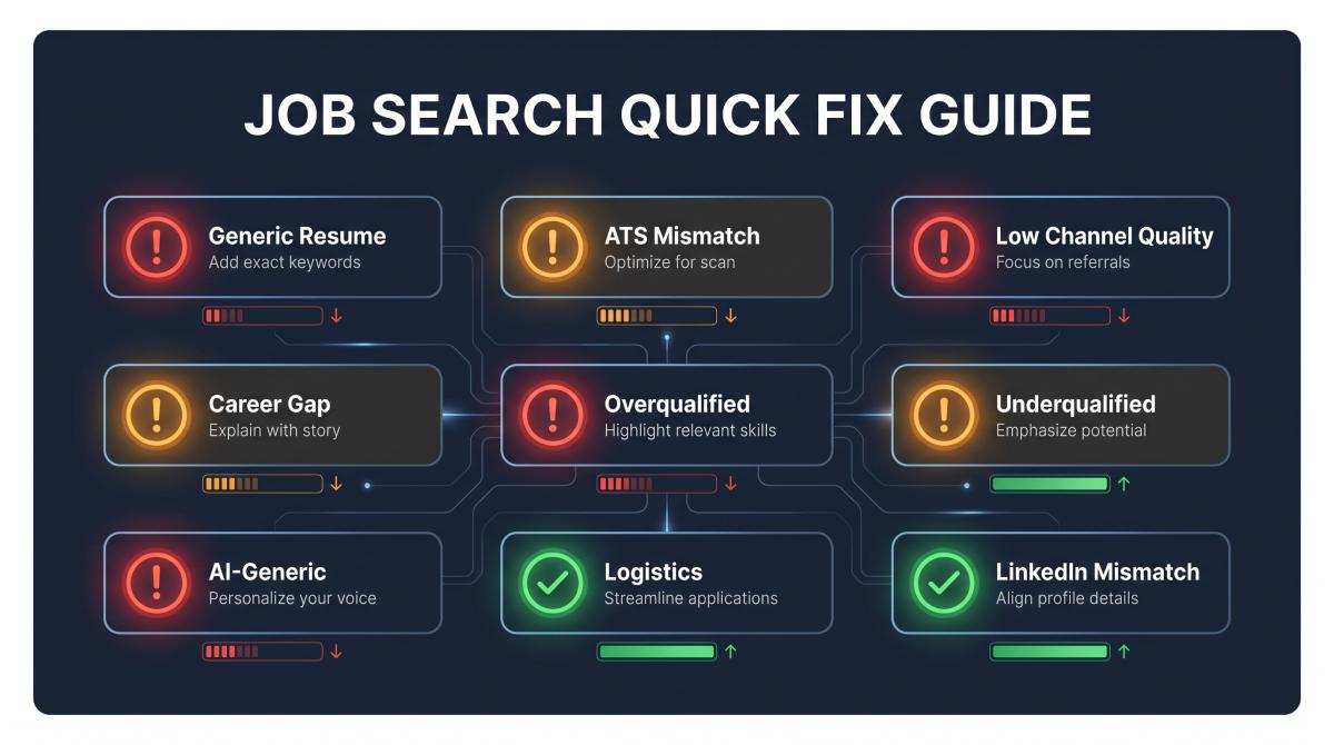 Job search diagnostic dashboard showing 11 warning indicators for common application failure points with quick fix labels