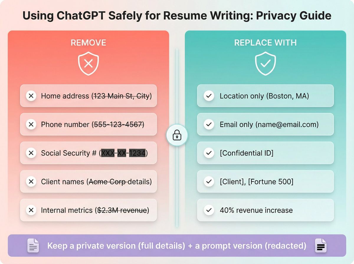 Split-panel infographic showing what sensitive resume data to remove versus safe replacements when using ChatGPT