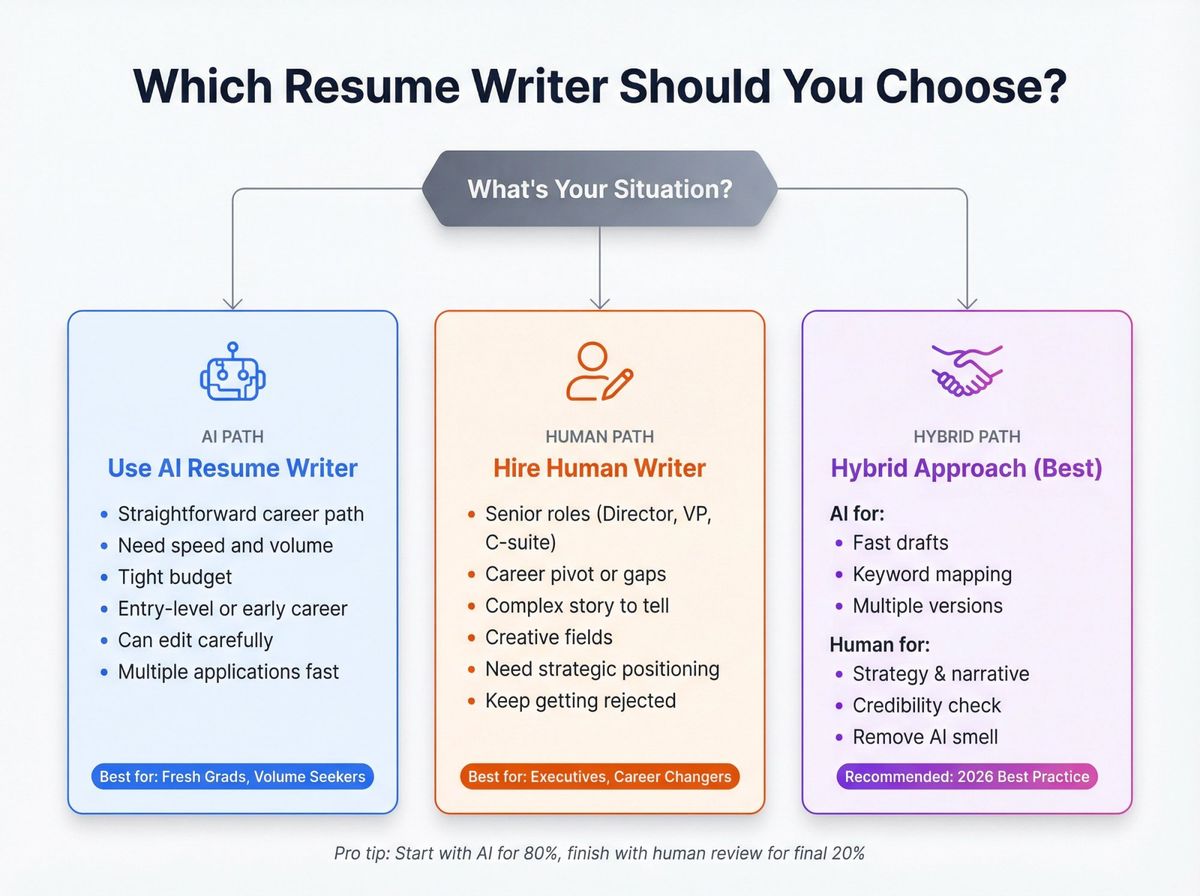 Decision flowchart showing when to use AI resume writers, human writers, or a hybrid approach based on career stage and needs
