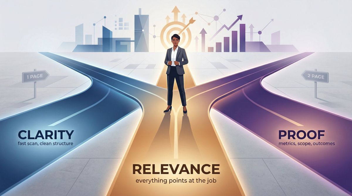 Professional at crossroads choosing between three illuminated paths labeled Clarity, Proof, and Relevance, with faded page count signs in background