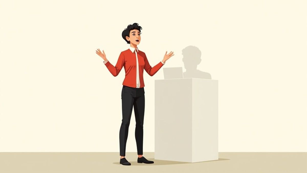 A person confidently speaking during a job interview.